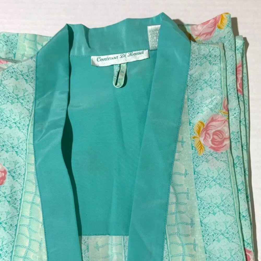 Contessa di Roma Vintage 80s 90s Turquoise Pink Floral Ling Satin Robe, XXL
